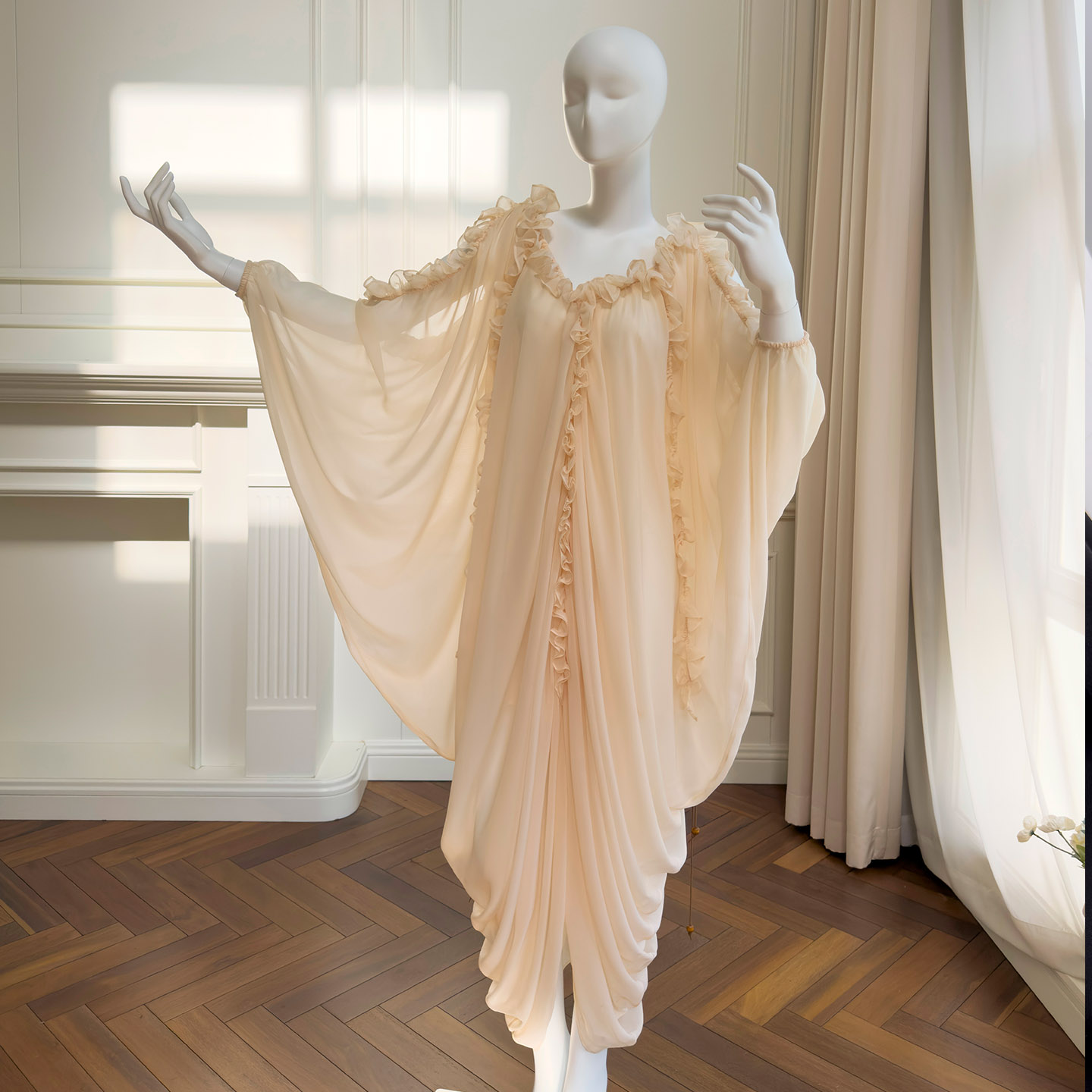 2026 Spring and Summer New Arrival, Vintage Romantic Raglan Sleeve Loose Tulle Dress, V-Neck Pullover Long Dress69178