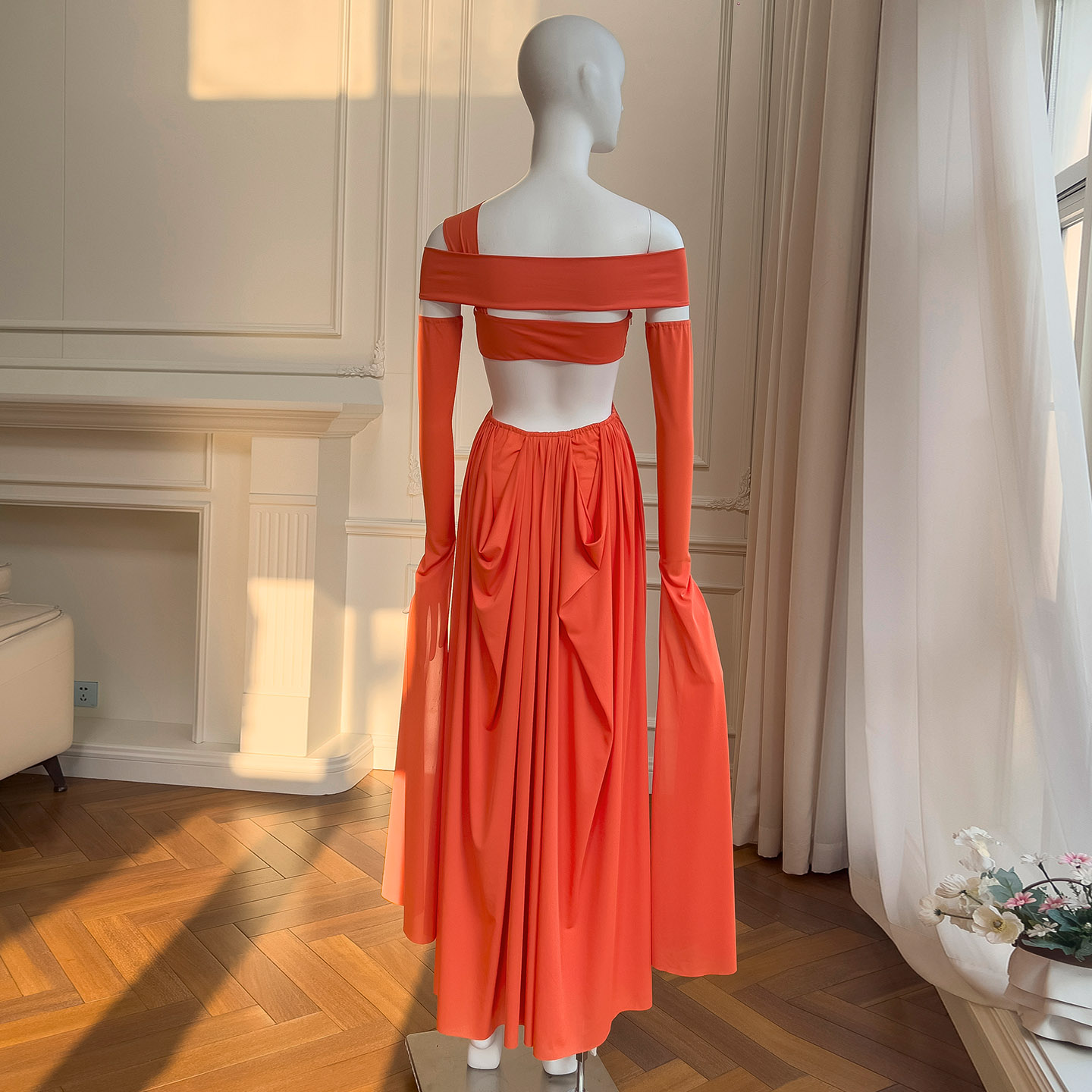 Yigelila New Unique Design Orange One-Shoulder Strapless Pleated Long Dress Elegant Evening Gown69530