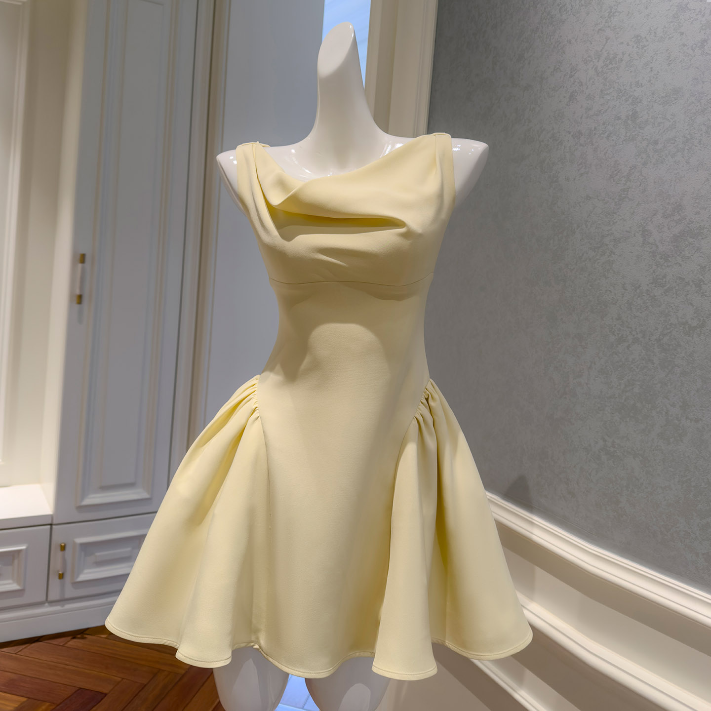 French Style Three-Dimensional Pleated Draped Neck Dress, Elegant Rich Girl Aesthetic, Waist-Fitted Slim Fit A-Line Flared Short Party Dress69597