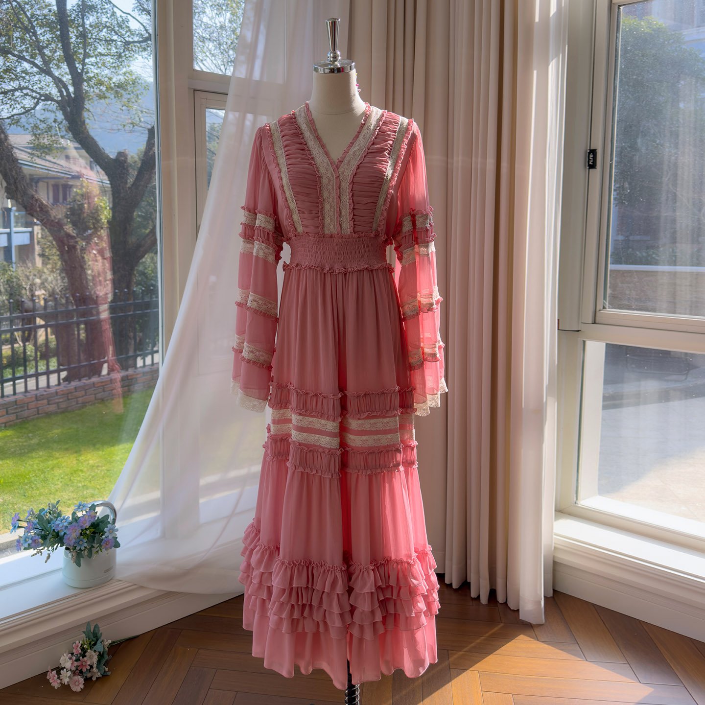 Yigelila 2026 Early Spring New Arrival, Cherry Blossom Rose Pink Long Sleeve Waist-Fitted Elegant Daily Long Dress69630