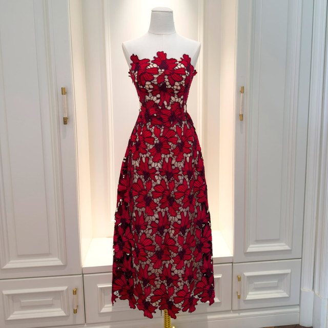 Burgundy 3D Floral Lace Strapless Midi Dress69627