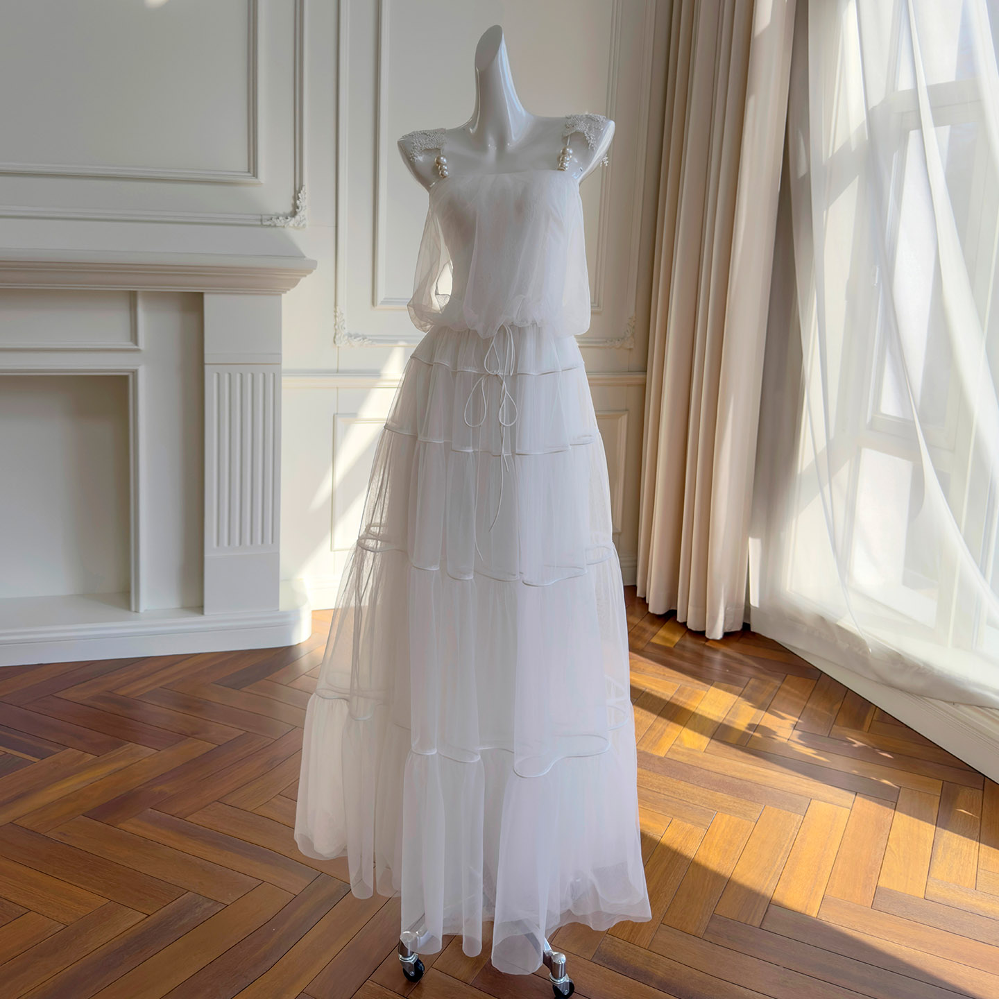 White Tulle Pearl Strap Tiered Cake Maxi Dress69588