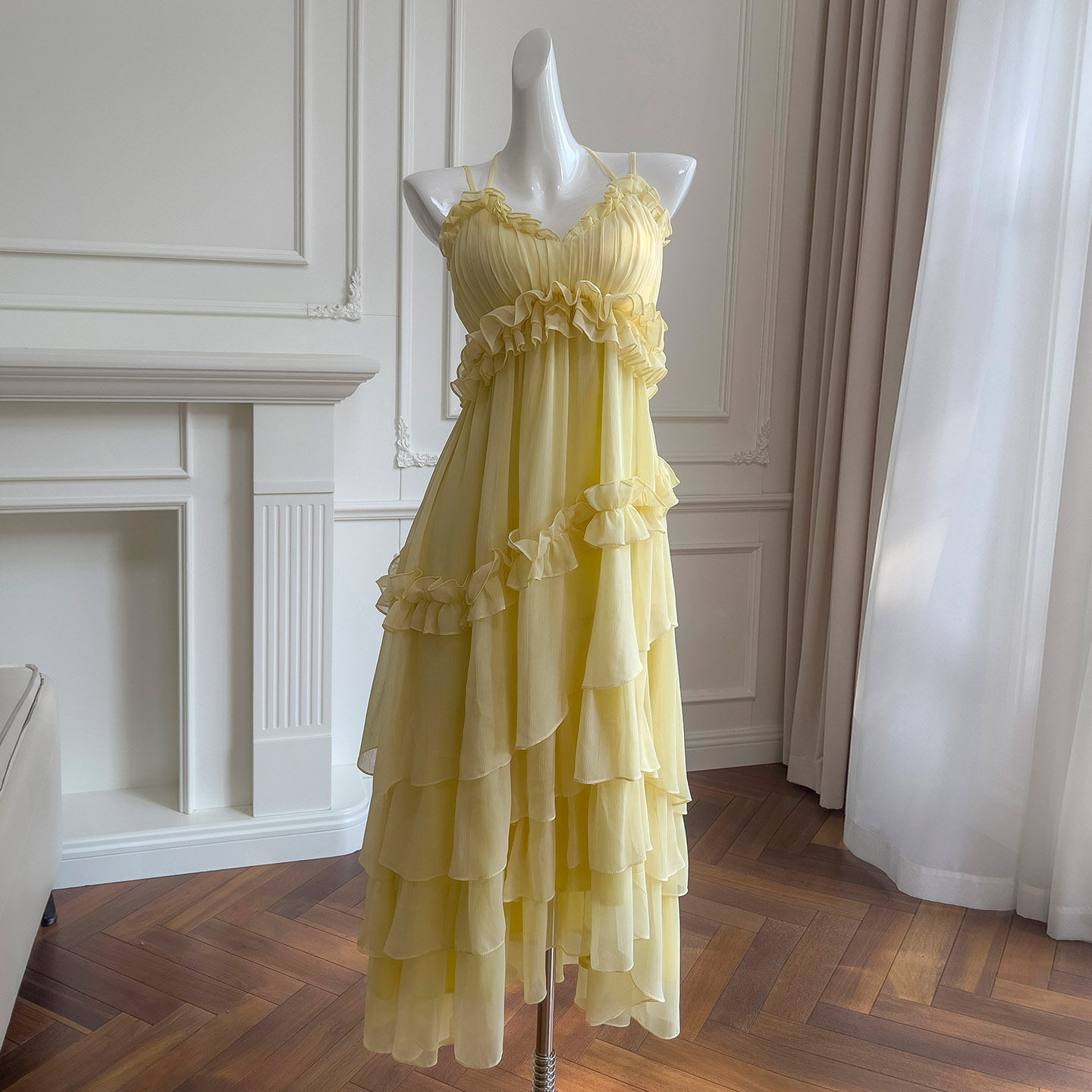 Butter Yellow Asymmetrical Ruffle Halter Maxi Dress69172