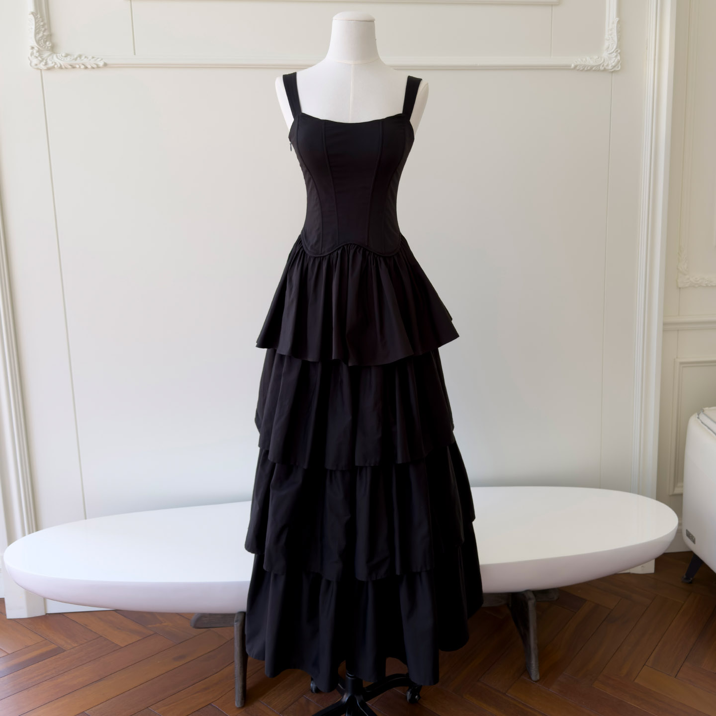 Black Corset Waist Vintage Tiered Maxi Dress69657