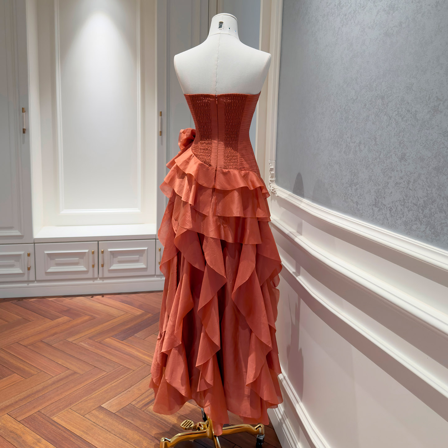 Caramel Orange Strapless Ruffled Dress69746