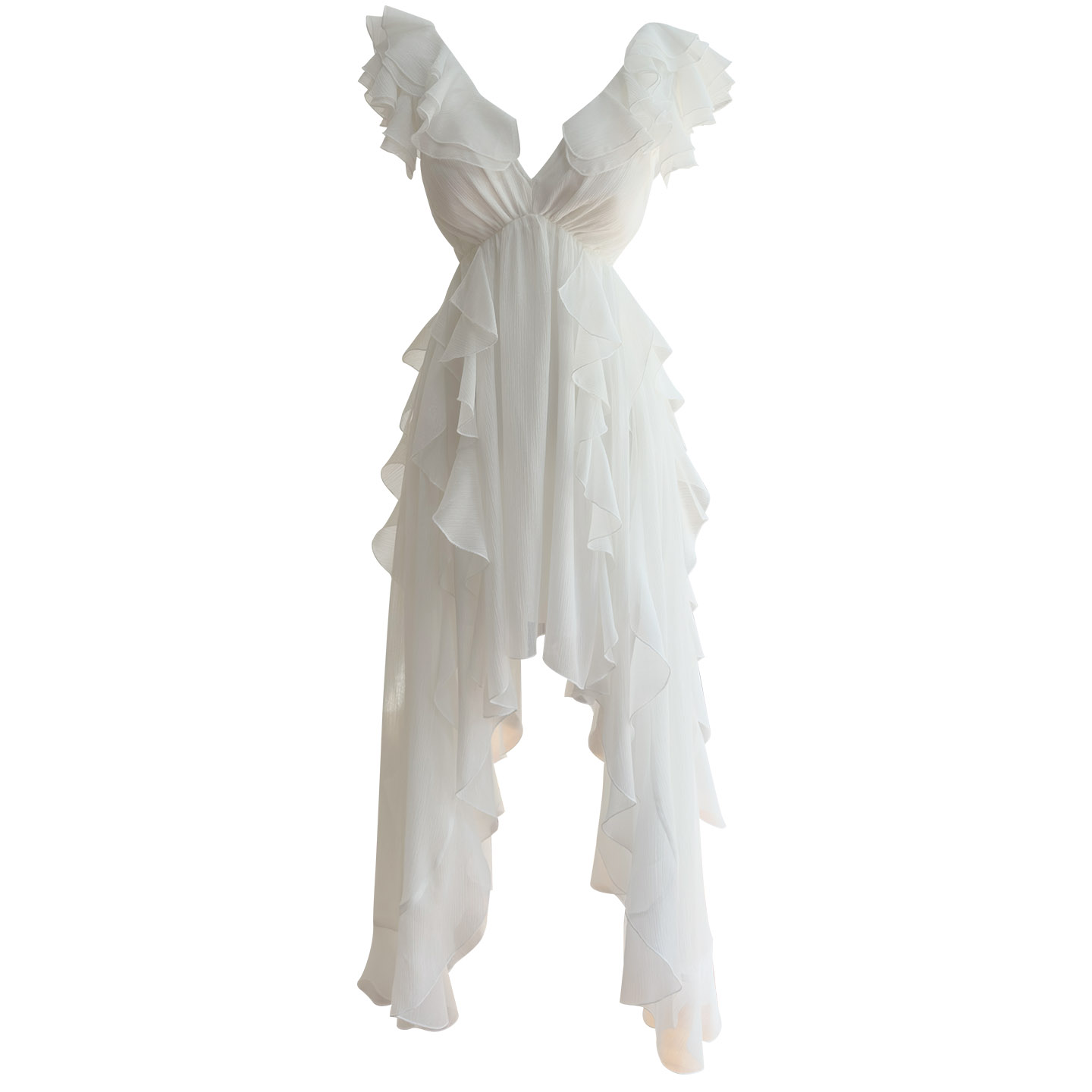 White Flutter-Sleeve Irregular Ruffle Maxi Dress69724