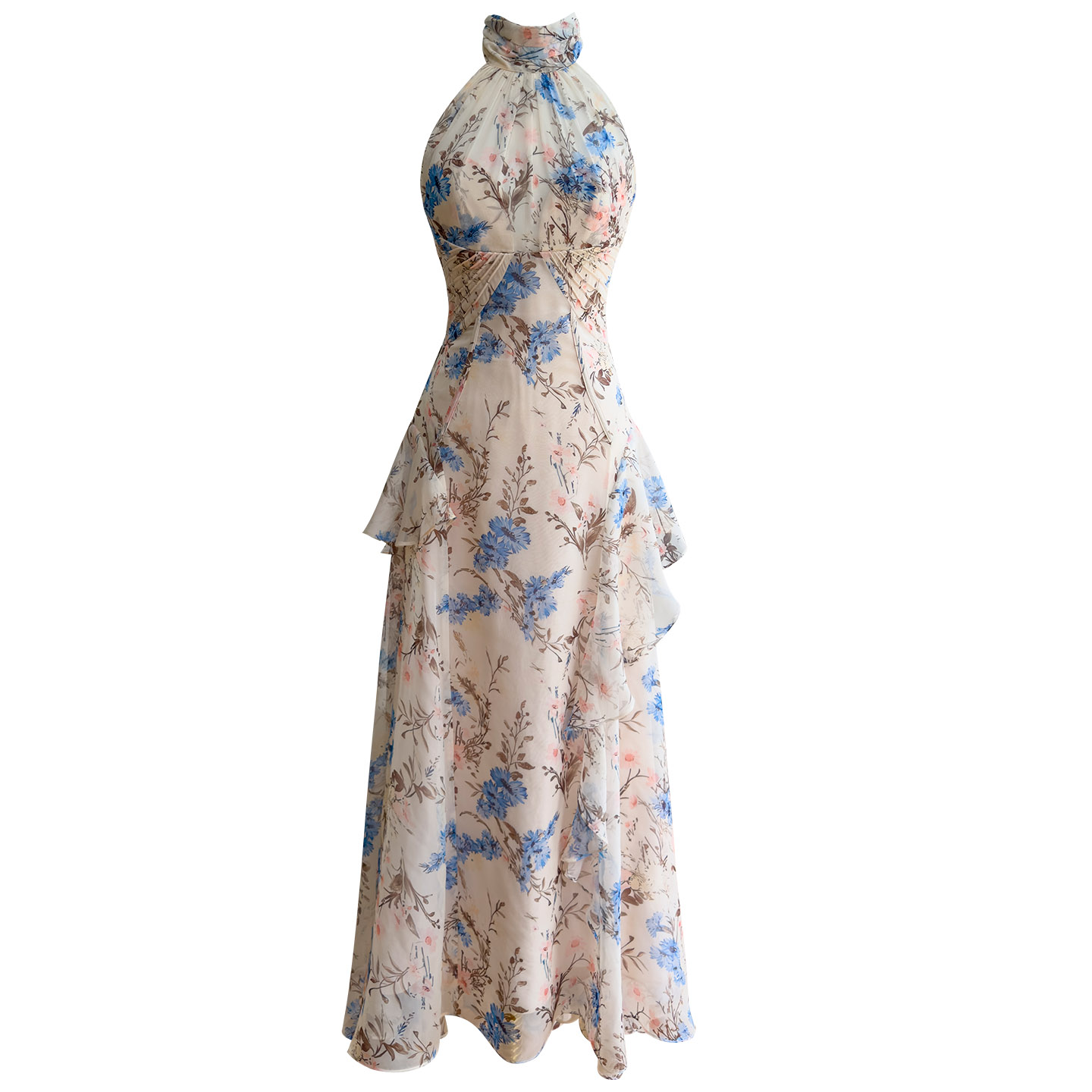 Light Pink Base with Blue Floral Halter Dress69756