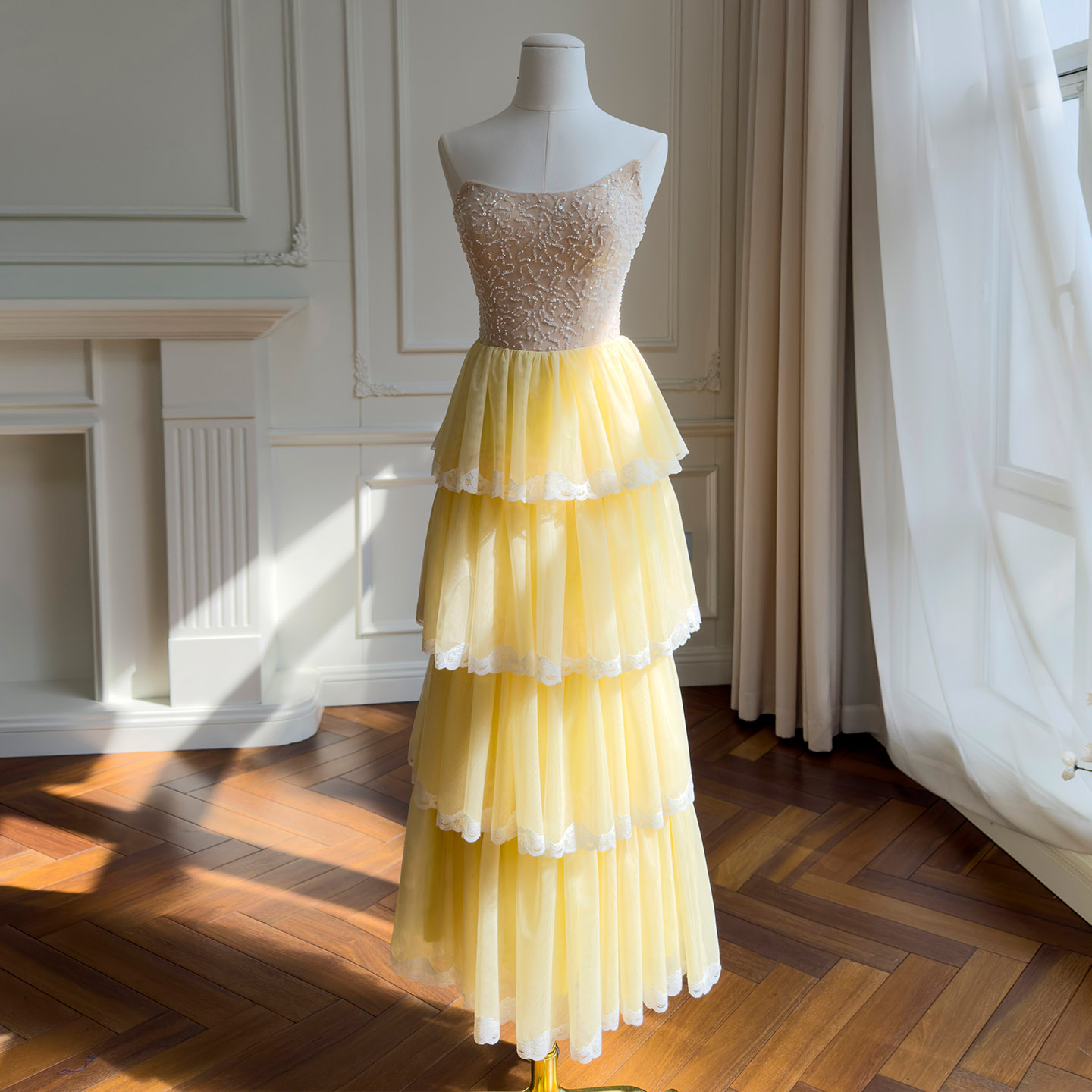 Butter Yellow Lace Bandeau Spliced Tulle Dress69672