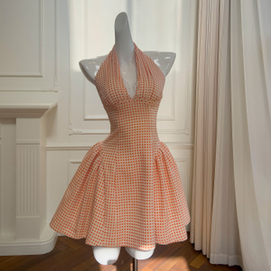 Sweet Peach Plaid Halter Neck Dress69521
