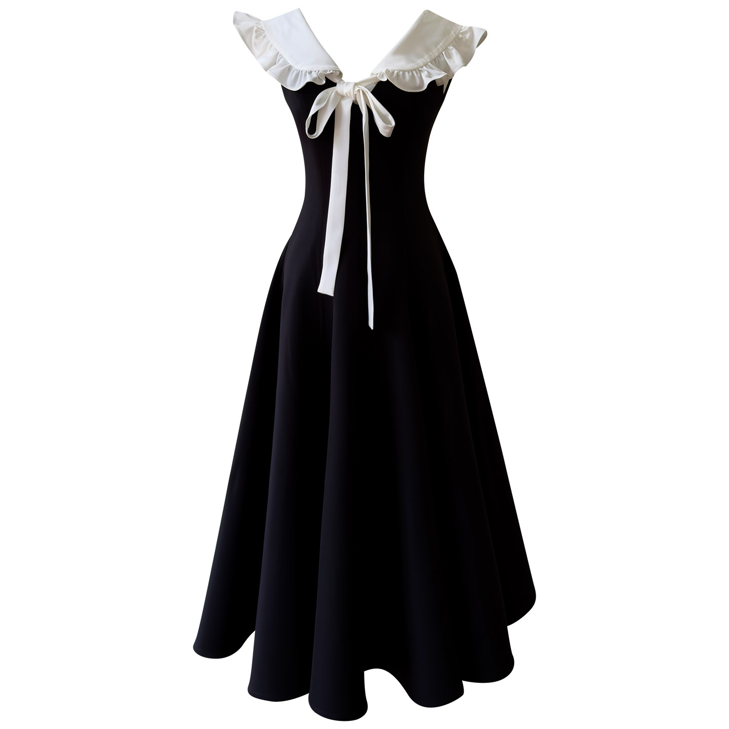 Vintage Black Full-Skirt Dress with White Ruffled Collar69764