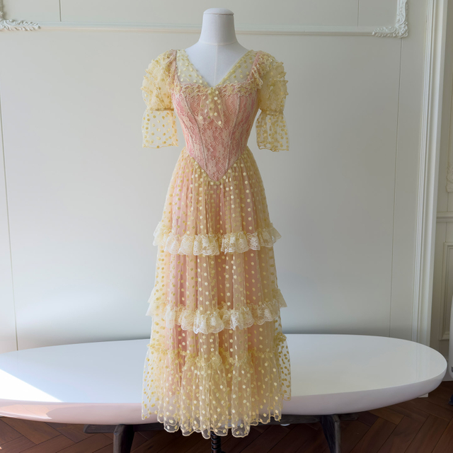 French Retro Pale Yellow Lace Dress69677