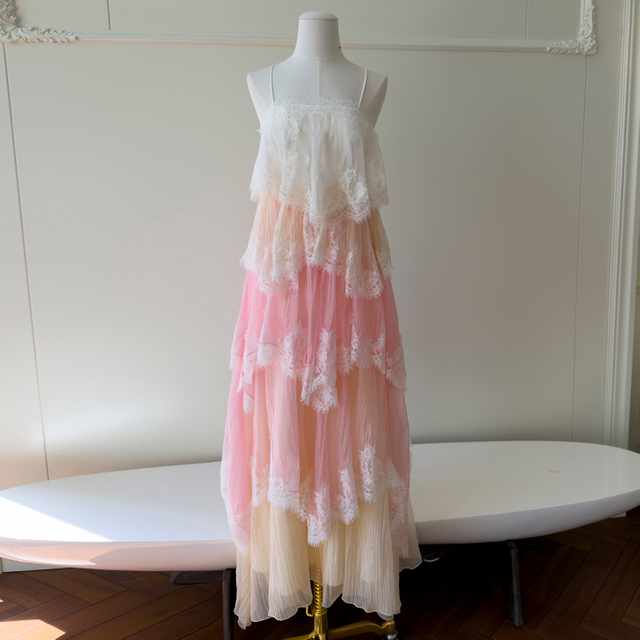 Romantic Pink-White Gradient Lace Dress69698