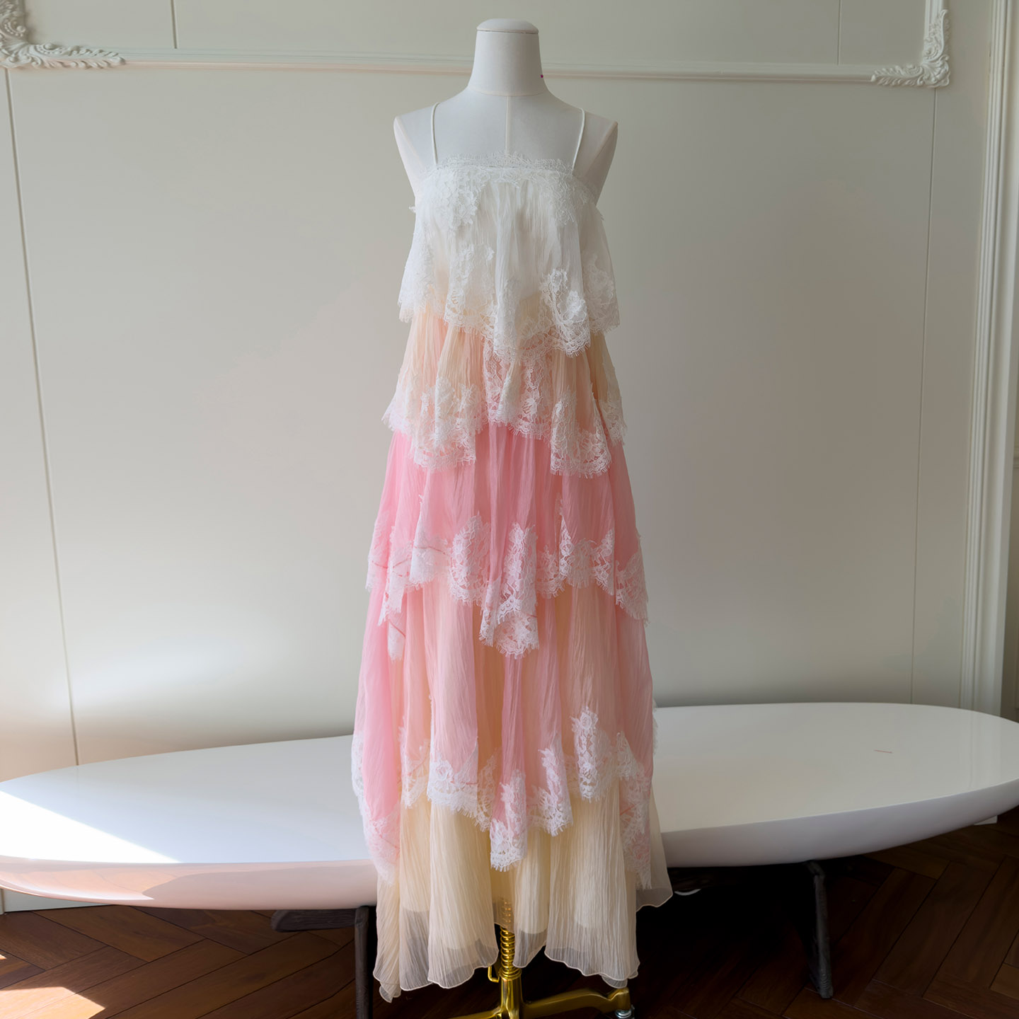 Romantic Pink-White Gradient Lace Dress69698