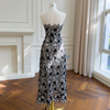 Elegant & Cool Black-and-White Lace Strapless Dress69735