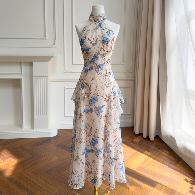 Light Pink Base with Blue Floral Halter Dress69756