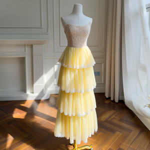 Butter Yellow Lace Bandeau Spliced Tulle Dress69672