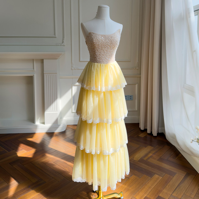 Butter Yellow Lace Bandeau Spliced Tulle Dress69672