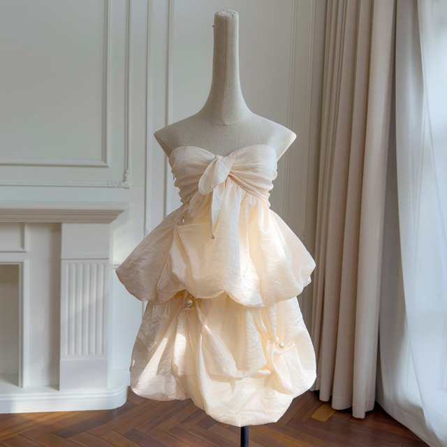Sweet Light Apricot Strapless Bustier Bubble Skirt Set8483