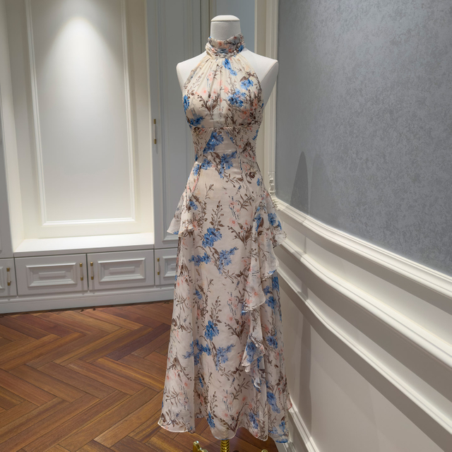 Light Pink Base with Blue Floral Halter Dress69756