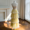 Butter Yellow Lace Bandeau Spliced Tulle Dress69672
