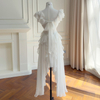 White Flutter-Sleeve Irregular Ruffle Maxi Dress69724