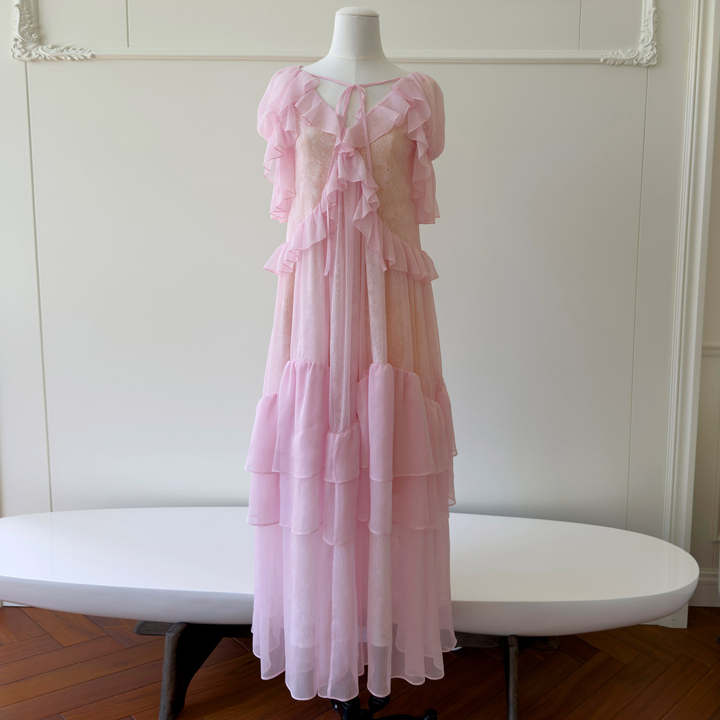 Soft Blush Pink Tie Detail Ruffle Maxi Dress69766