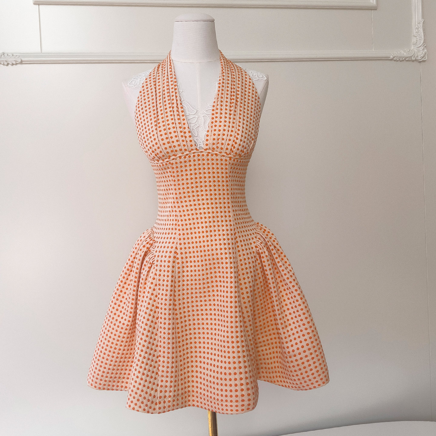 Sweet Peach Plaid Halter Neck Dress69521