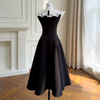 Vintage Black Full-Skirt Dress with White Ruffled Collar69764
