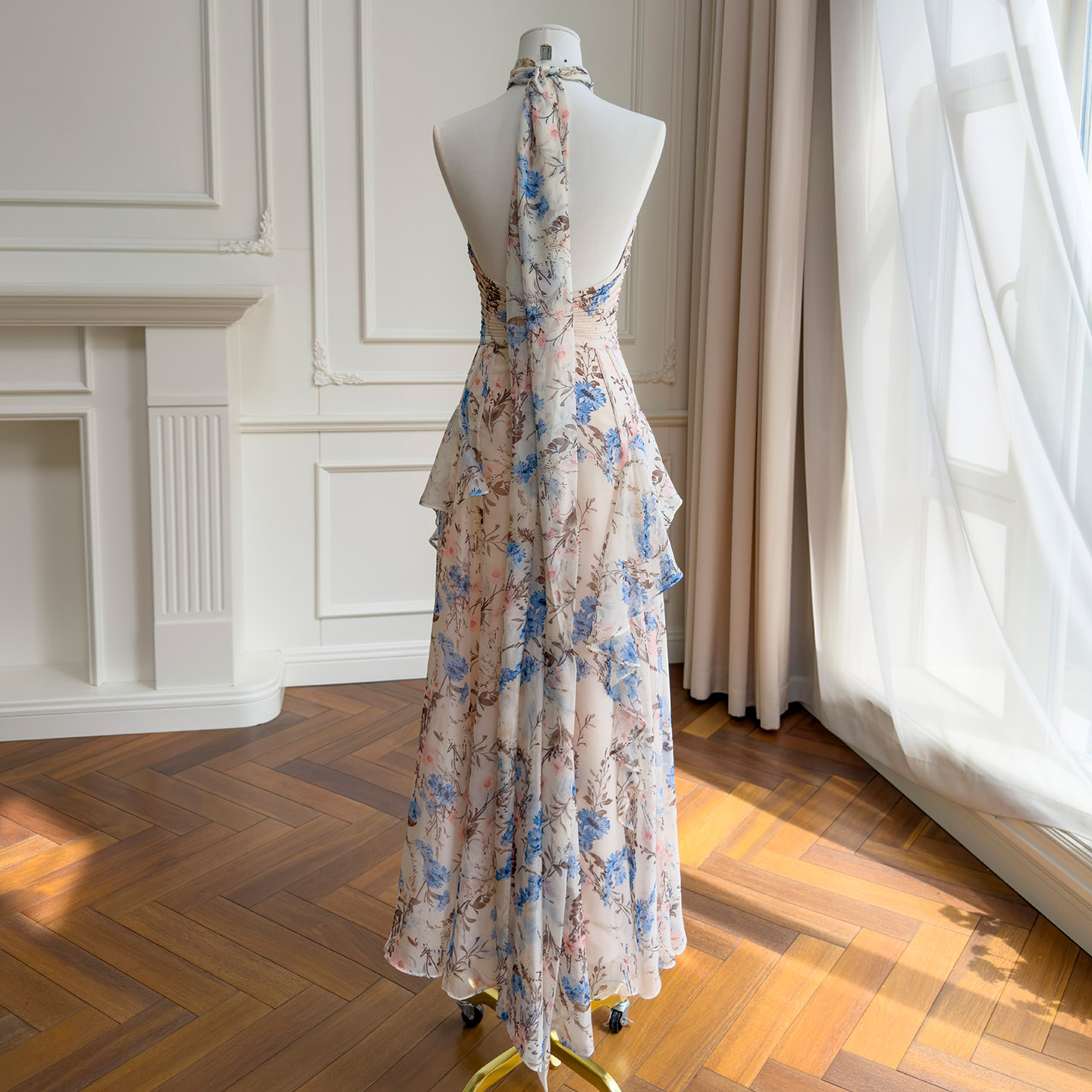 Light Pink Base with Blue Floral Halter Dress69756