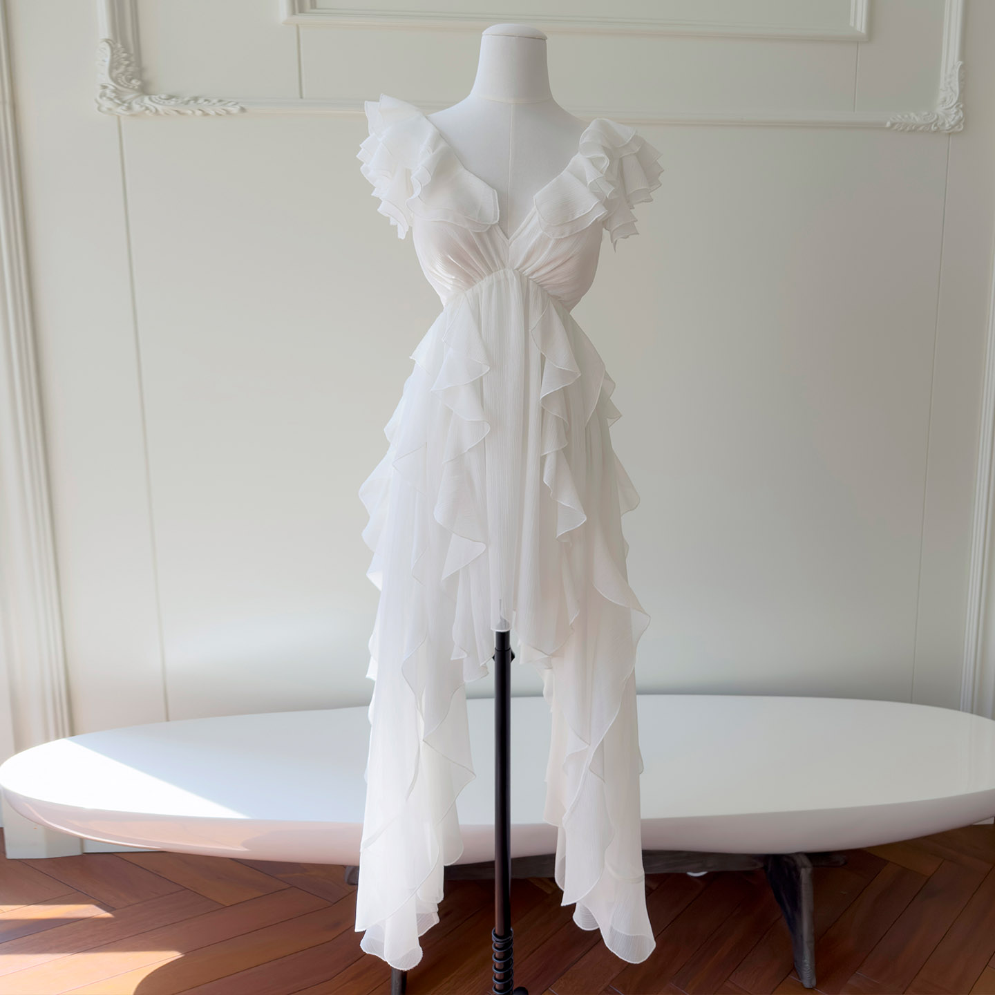 White Flutter-Sleeve Irregular Ruffle Maxi Dress69724