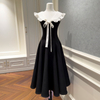 Vintage Black Full-Skirt Dress with White Ruffled Collar69764