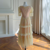French Retro Pale Yellow Lace Dress69677