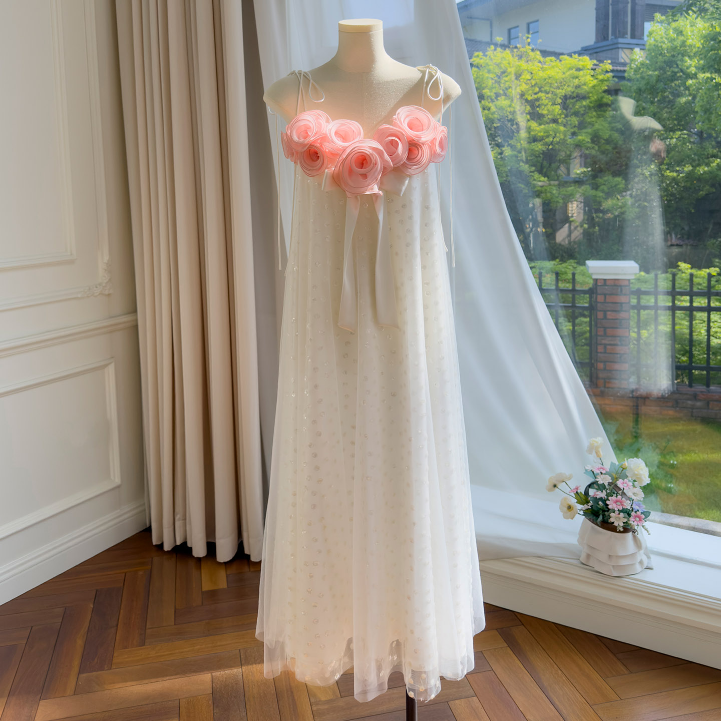 White Tulle Dress with 3D Pink Rose Appliqués69714