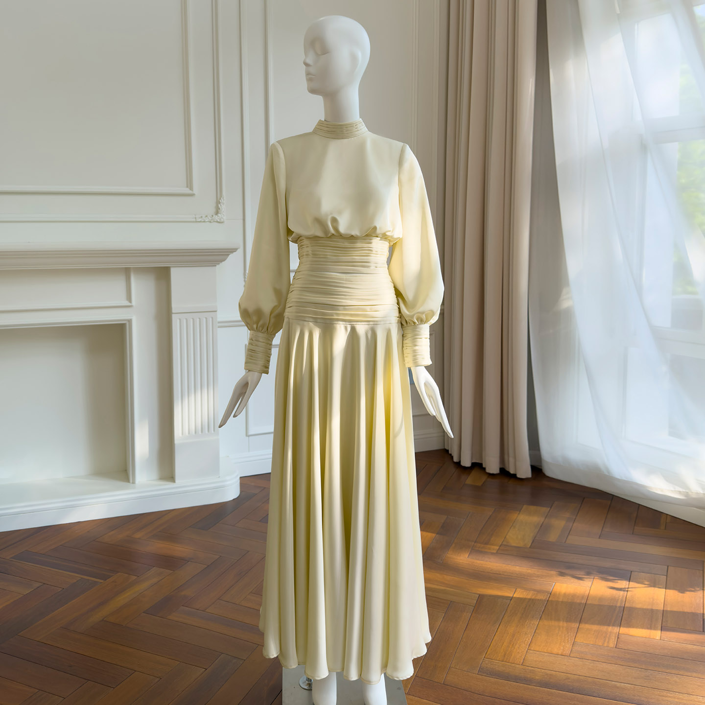 Cream Yellow Vintage Dress with Neck Bow & Cinched Waist71529+51442
