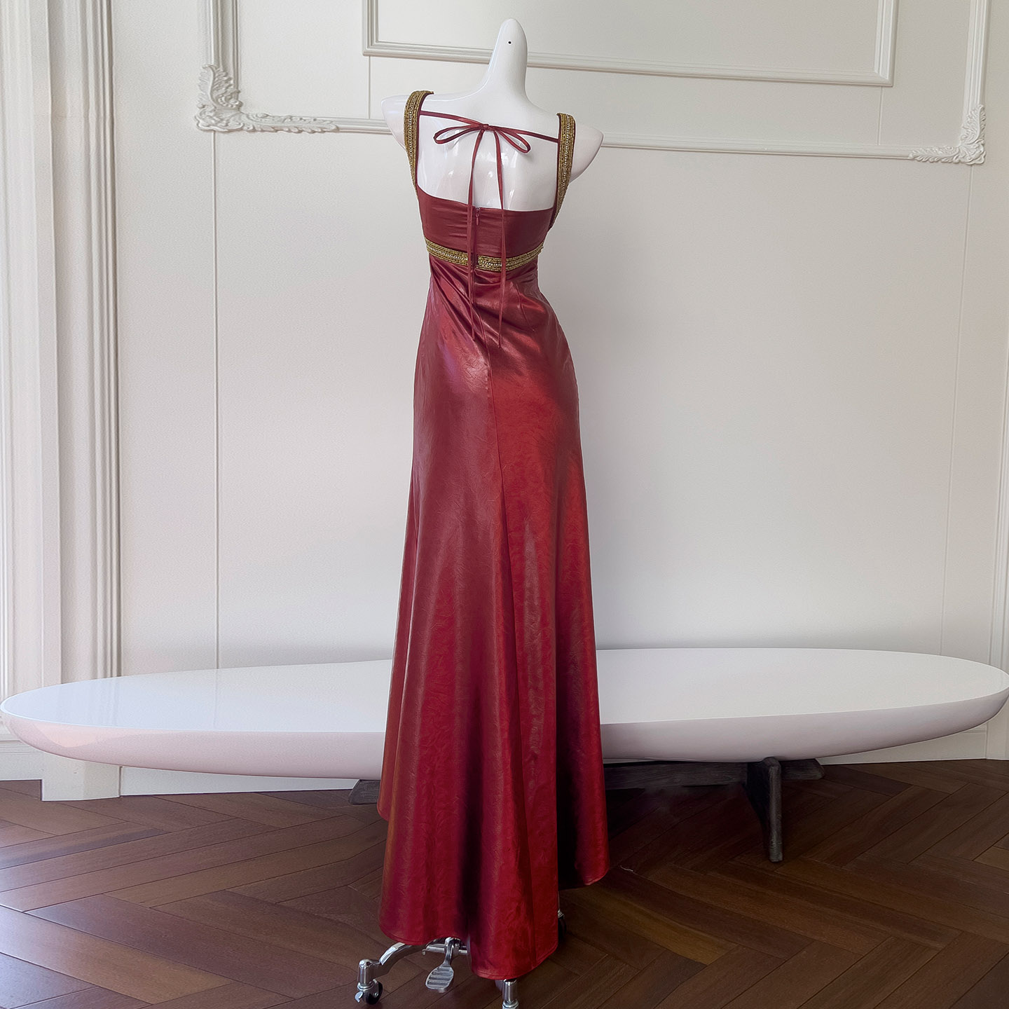 Vintage Luxe Burgundy Satin Evening Gown69525