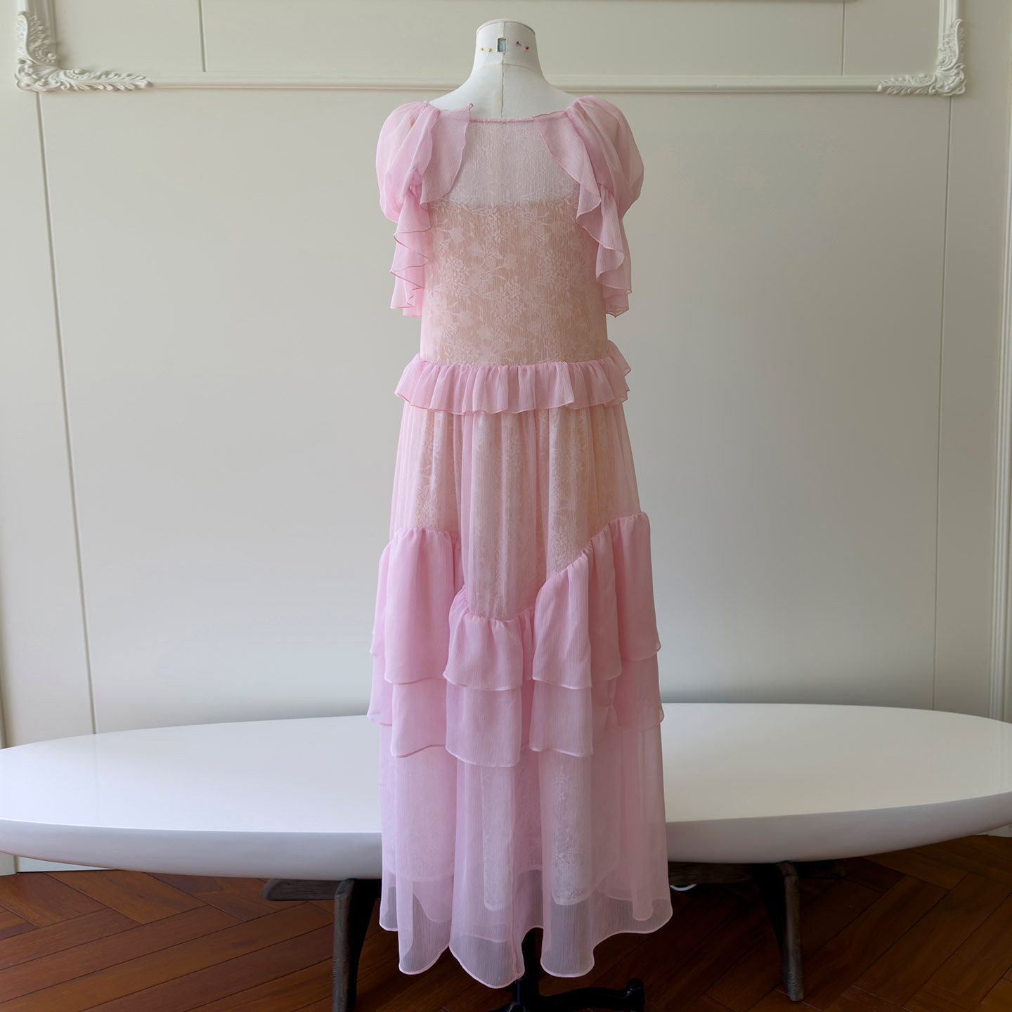 Soft Blush Pink Tie Detail Ruffle Maxi Dress69766