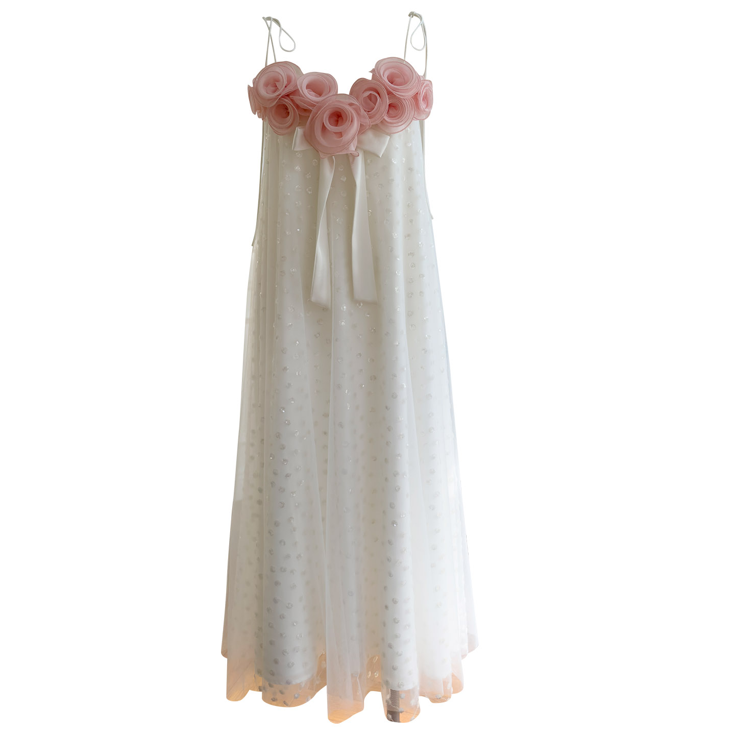 White Tulle Dress with 3D Pink Rose Appliqués69714