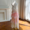 Romantic Pink-White Gradient Lace Dress69698