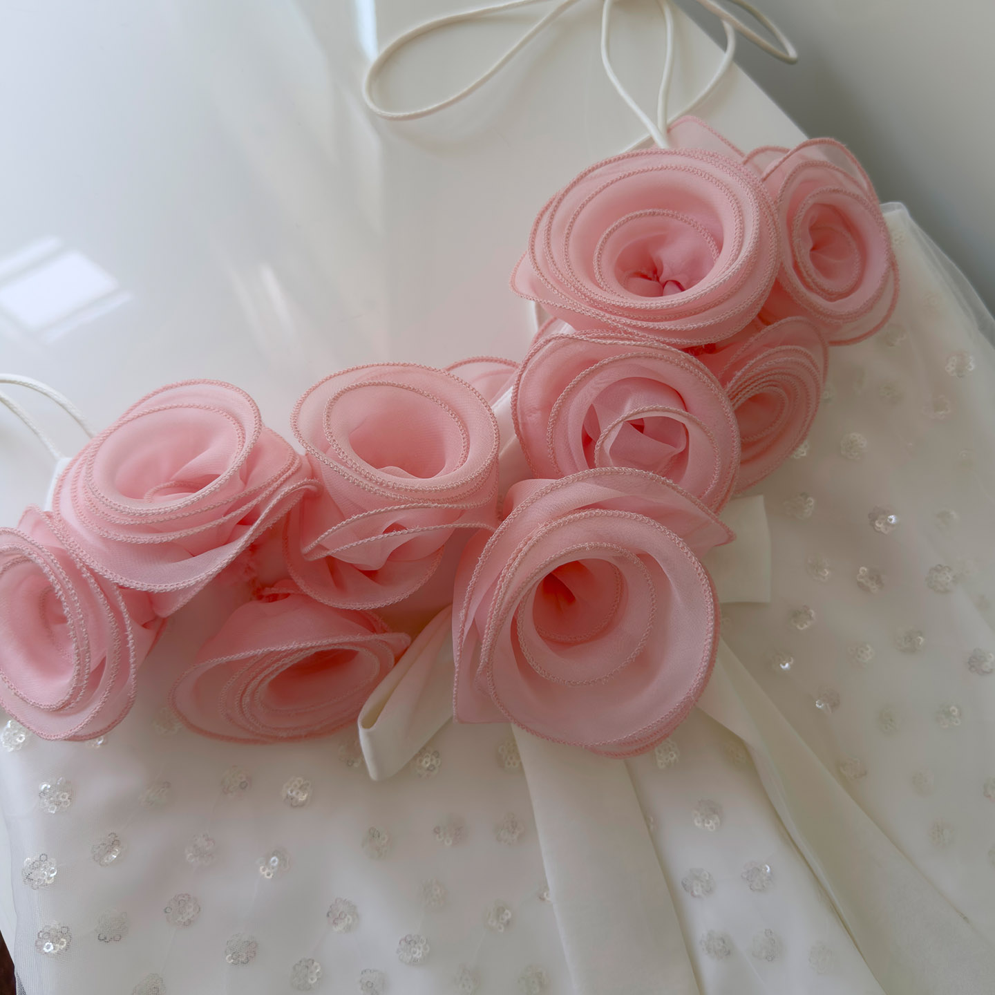 White Tulle Dress with 3D Pink Rose Appliqués69714