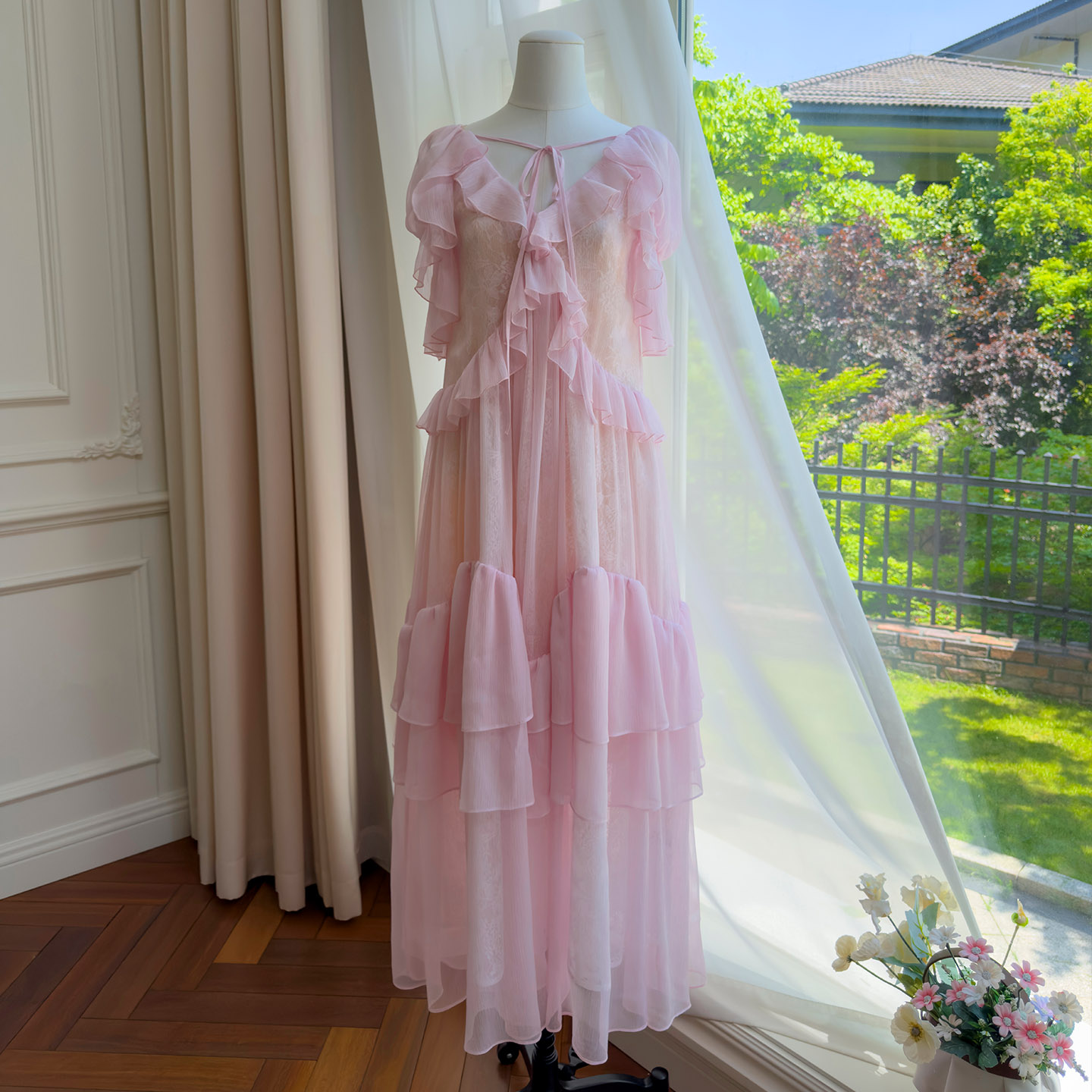 Soft Blush Pink Tie Detail Ruffle Maxi Dress69766