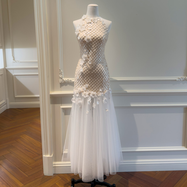 Ivory Halter Neck Diamond Lattice Sequined Tulle Mermaid Dress69674