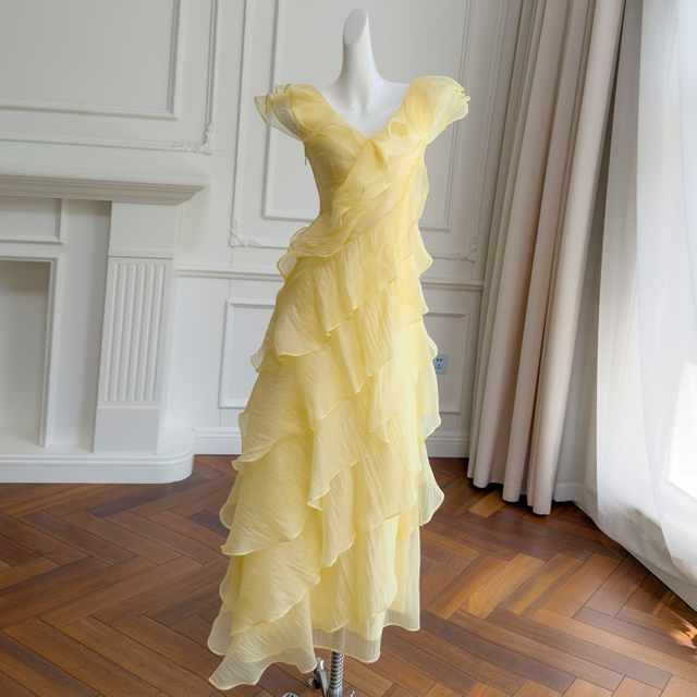 Bright & Gentle Pale Yellow Ruffled Tiered Dress69777