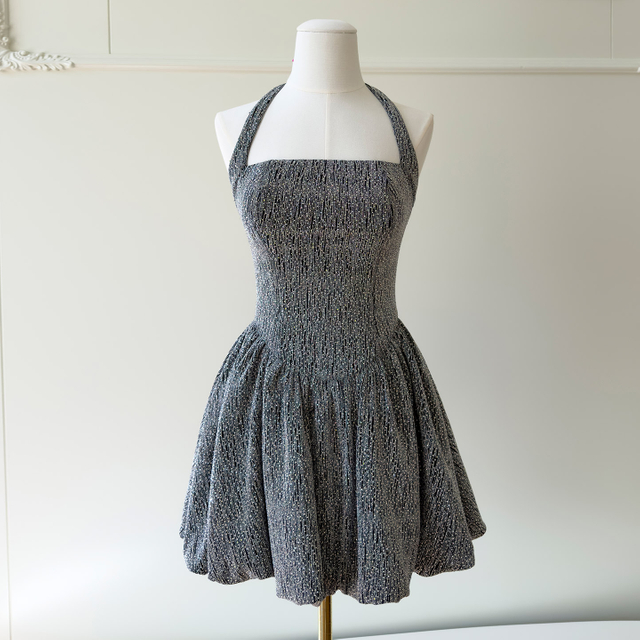 Sweet & Edgy Grey Halter Neck Skater Dress69782