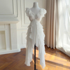 White Flutter-Sleeve Irregular Ruffle Maxi Dress69724