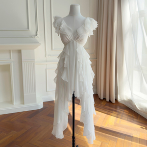 White Flutter-Sleeve Irregular Ruffle Maxi Dress69724