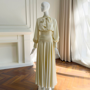 Cream Yellow Vintage Dress with Neck Bow & Cinched Waist71529+51442