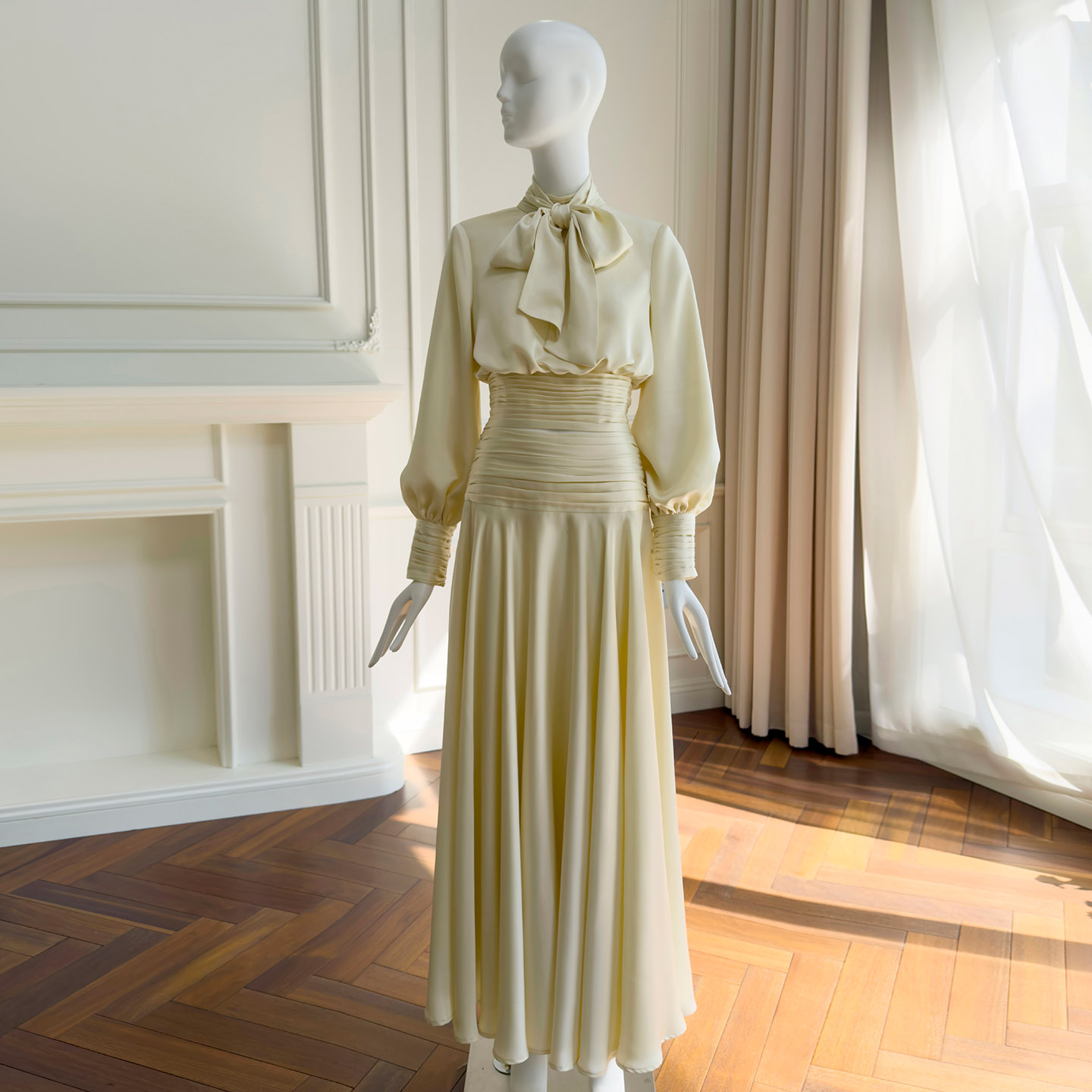 Cream Yellow Vintage Dress with Neck Bow & Cinched Waist71529+51442