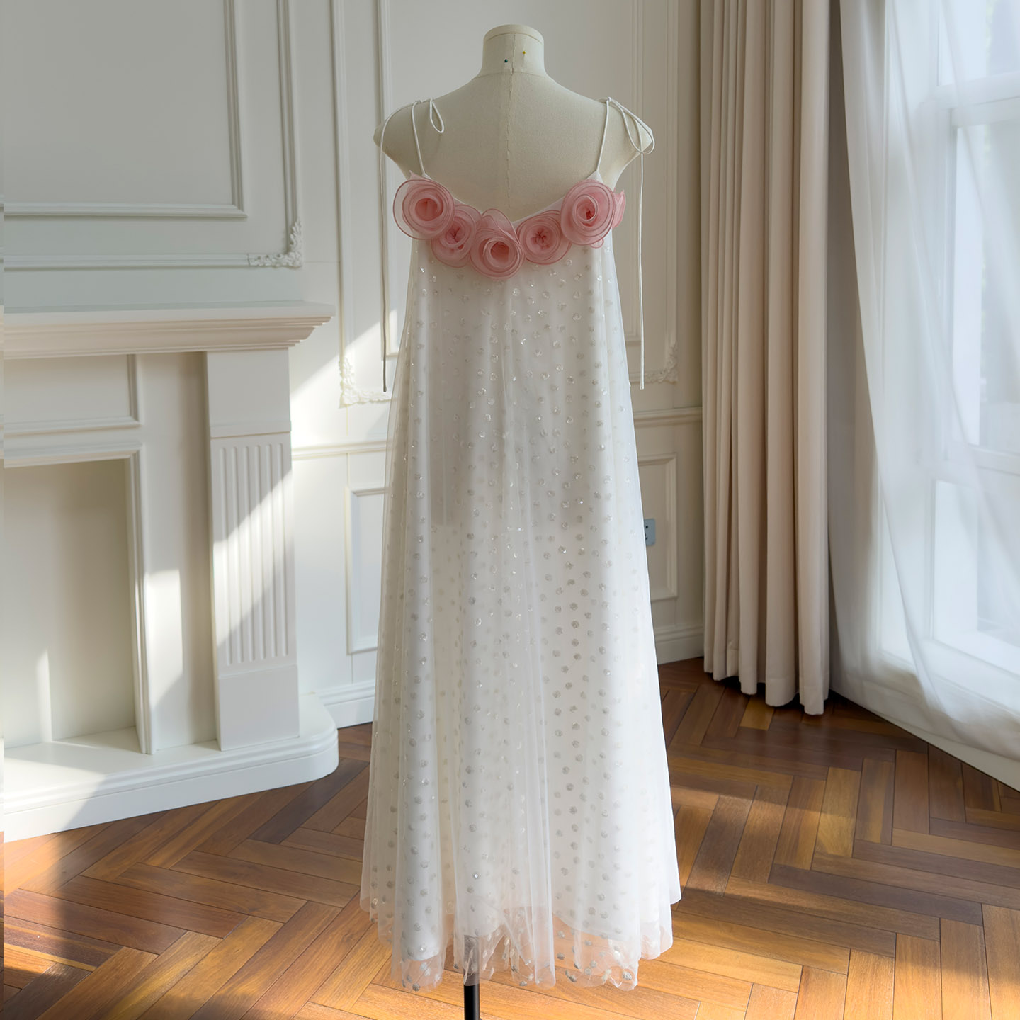 White Tulle Dress with 3D Pink Rose Appliqués69714
