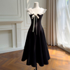 Vintage Black Full-Skirt Dress with White Ruffled Collar69764