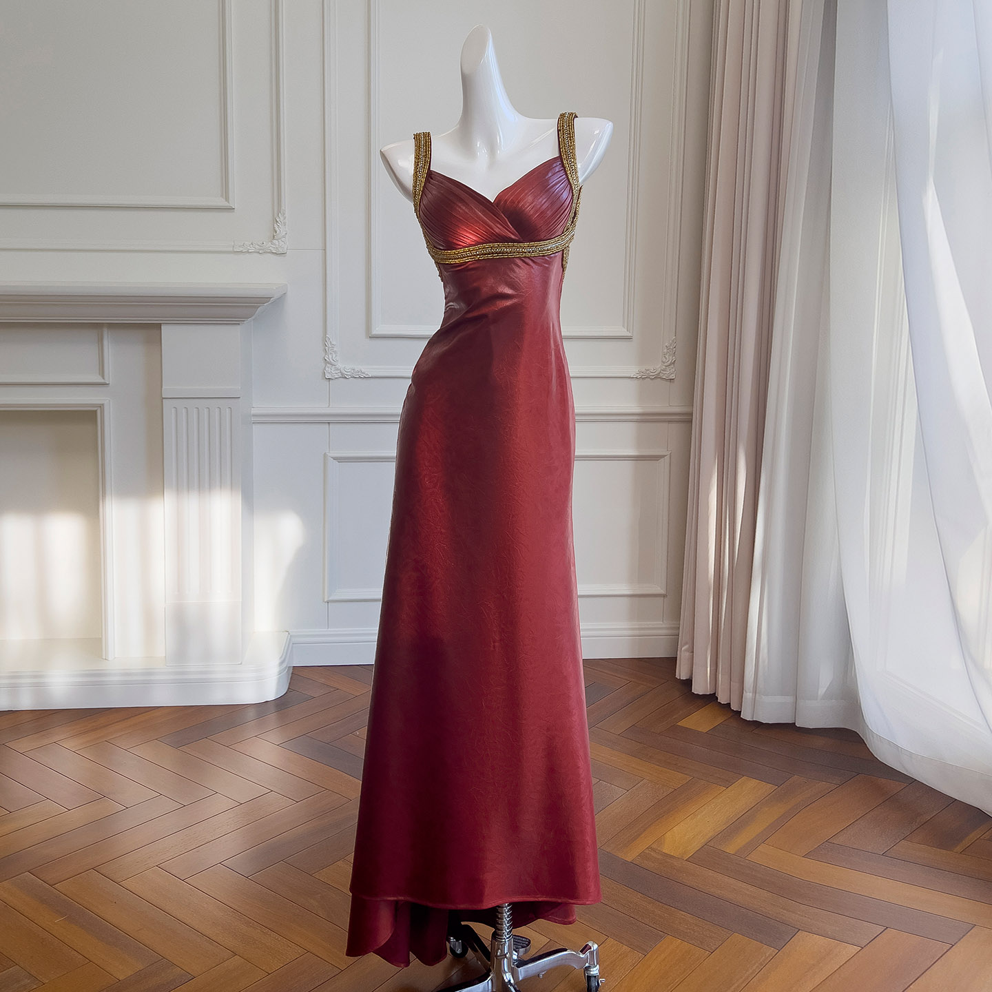 Vintage Luxe Burgundy Satin Evening Gown69525